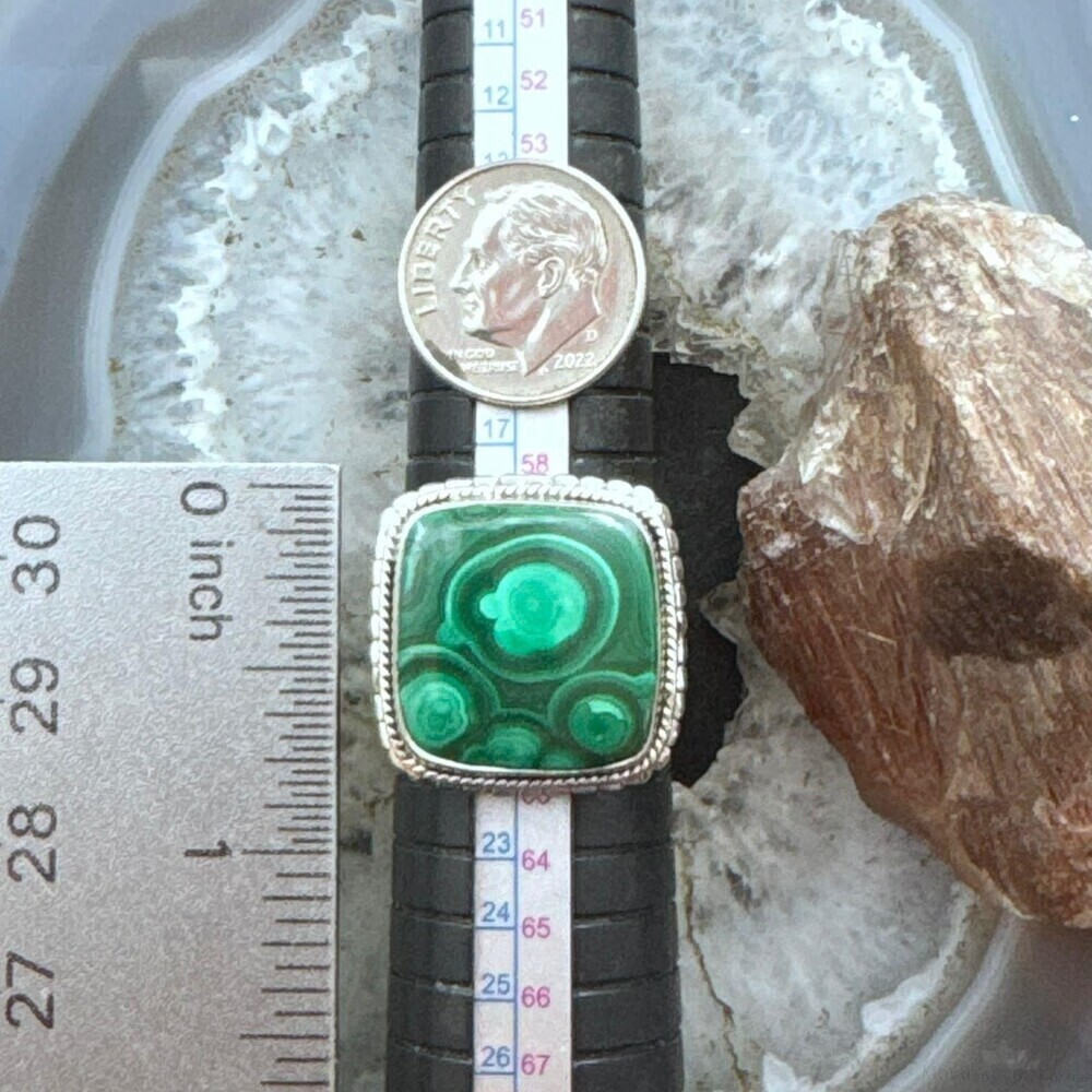 Sterling Silver Southwestern Style Square Malachite Decorated Ring Size 9.5 - Picture 9 of 10